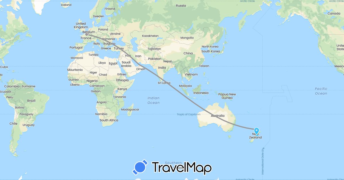 TravelMap itinerary: driving, plane, boat in United Arab Emirates, France, New Zealand (Asia, Europe, Oceania)